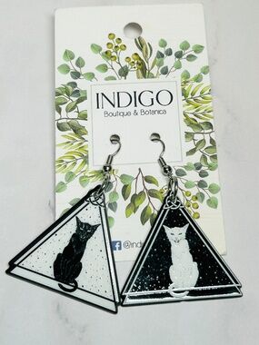 Black & White Triangle Cat & Stars Drop Earrings Geometric Cat Lover